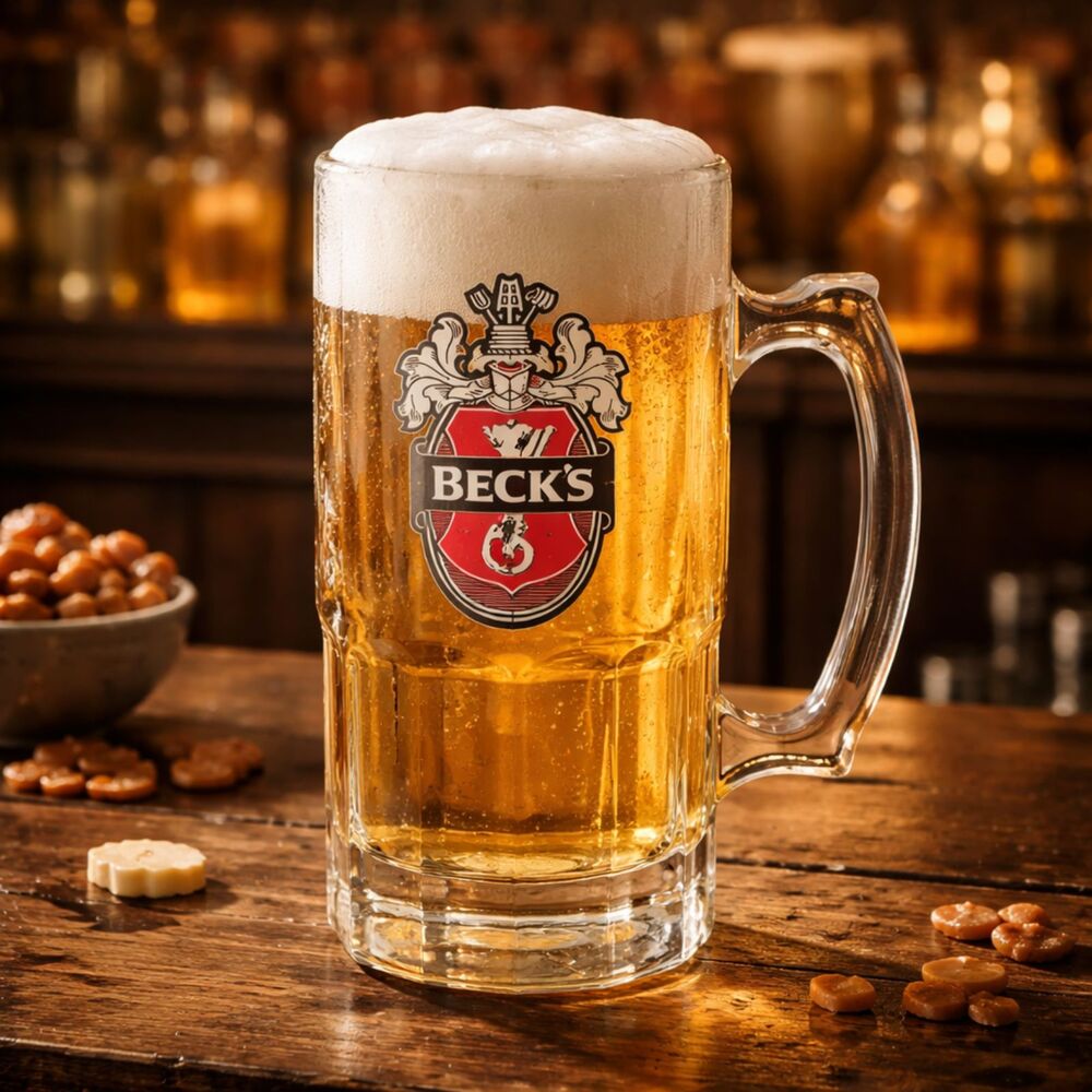 Beer Mug Beck’s 32oz Glass Heavy Stein Vintage Barware Collectible Classic